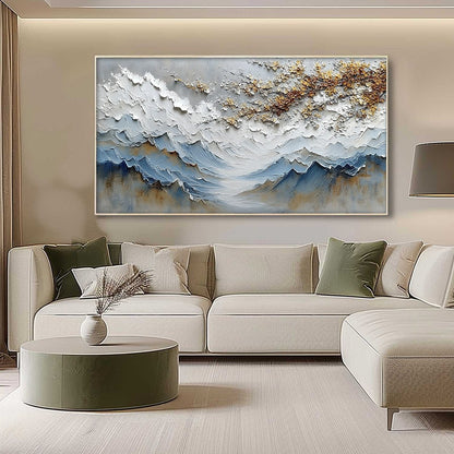 Whispers of the Valley hand-painted gold and ivory textured mountain valley painting shown with silver frame