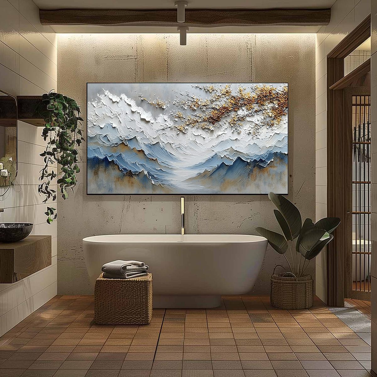 Whispers of the Valley hand-painted gold and ivory textured mountain valley painting shown with black frame