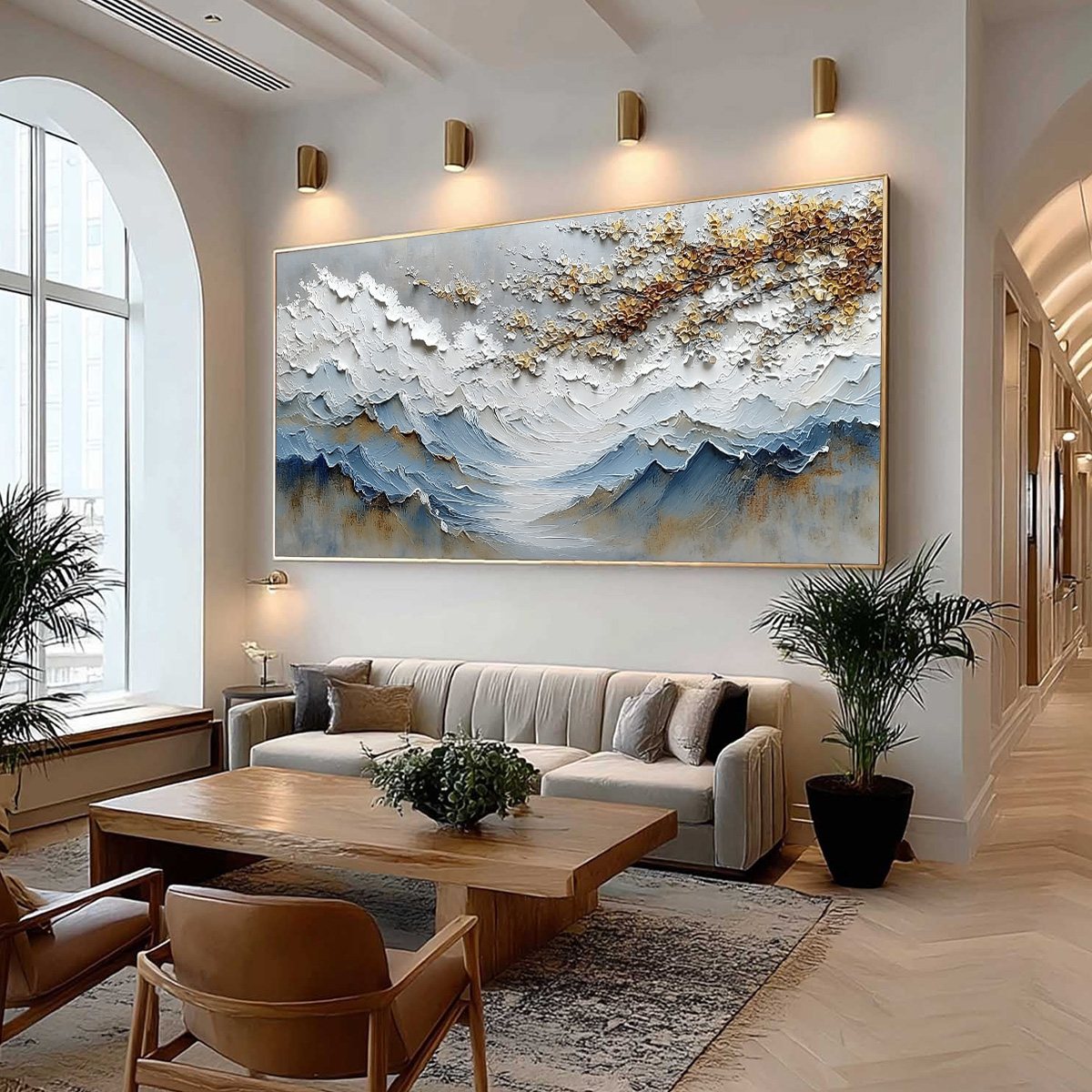 Whispers of the Valley hand-painted gold and ivory textured mountain valley painting shown with wood frame