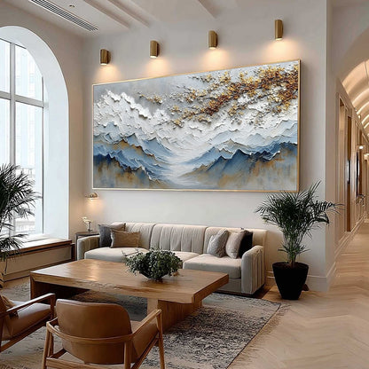 Whispers of the Valley hand-painted gold and ivory textured mountain valley painting shown with wood frame