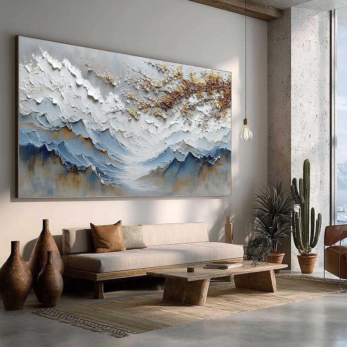 Whispers of the Valley hand-painted gold and ivory textured mountain valley painting rolled canvas option