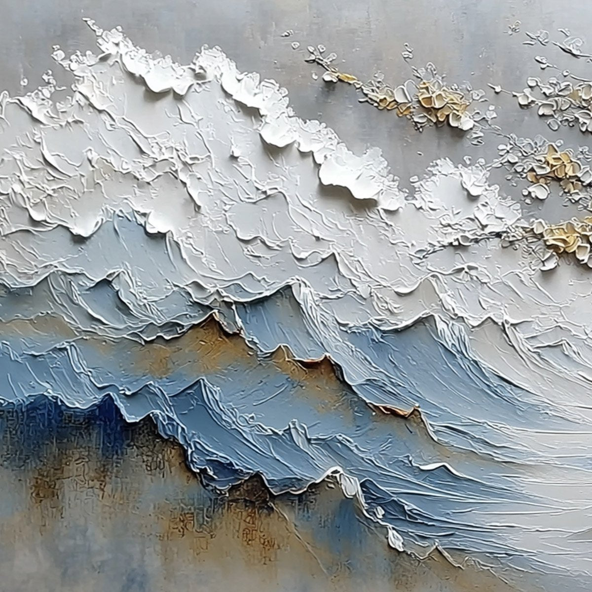 Whispers of the Valley hand-painted gold and ivory textured mountain valley painting shown with gold frame
