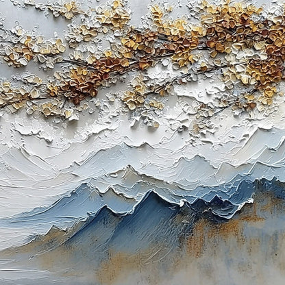 Whispers of the Valley hand-painted gold and ivory textured mountain valley painting shown with white frame