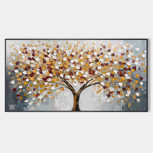 Whispers of Autumn hand-painted white and gold textured tree of life painting rolled canvas option