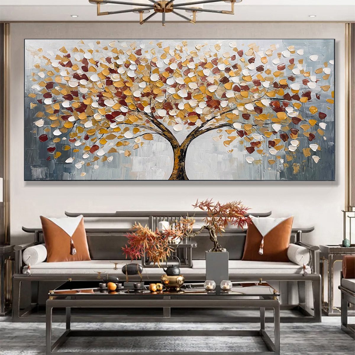 Whispers of Autumn hand-painted white and gold textured tree of life painting shown as stretched canvas