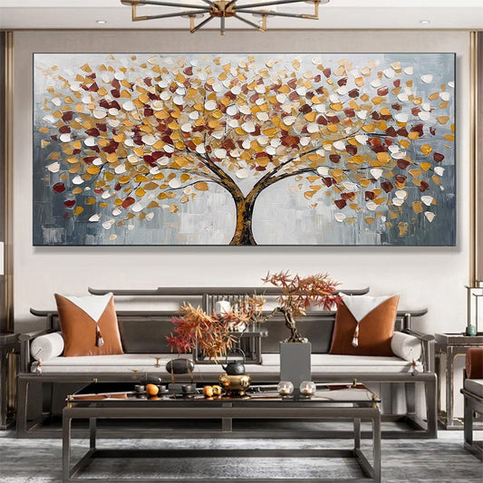 Whispers of Autumn hand-painted white and gold textured tree of life painting shown as stretched canvas