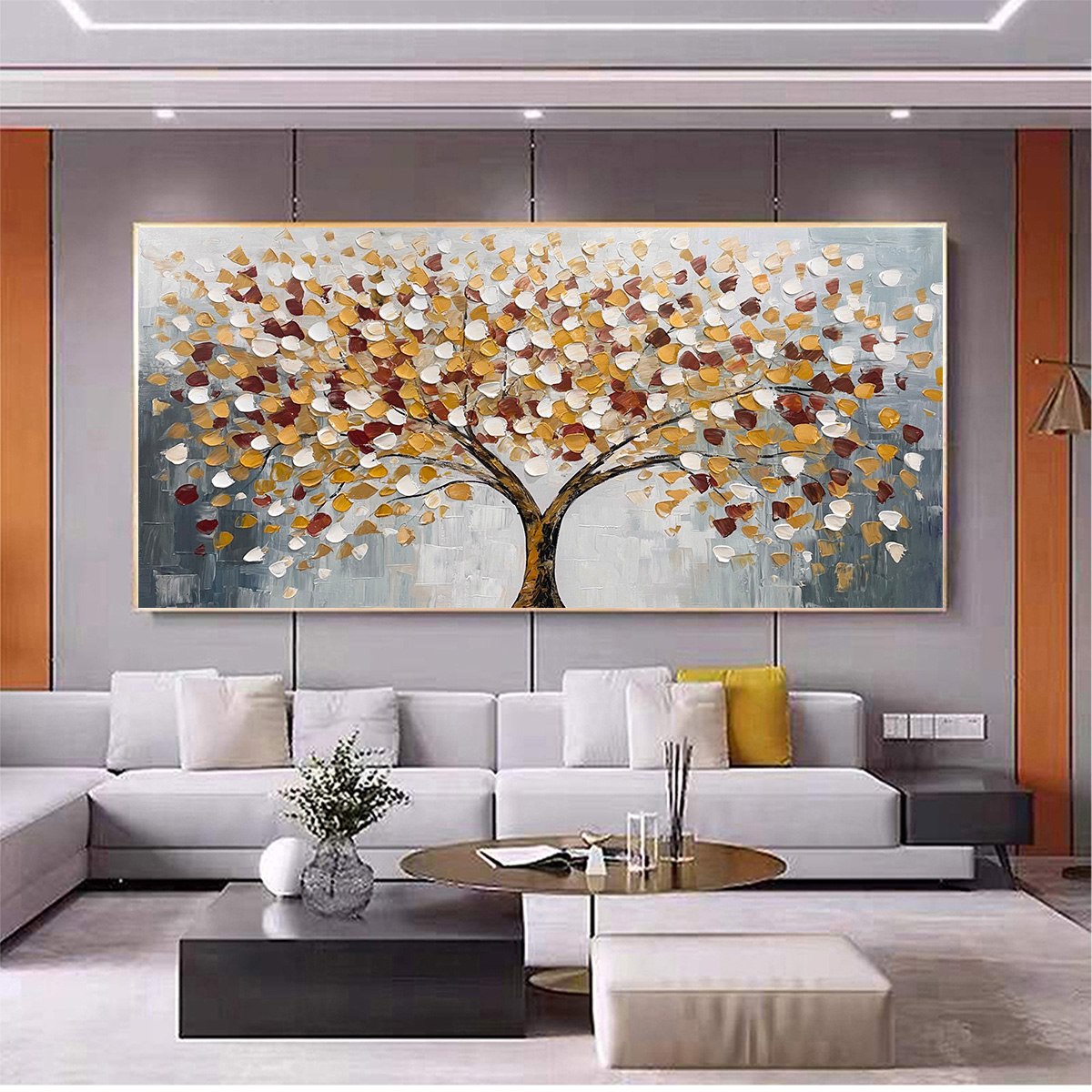 Whispers of Autumn hand-painted white and gold textured tree of life painting shown with wood frame