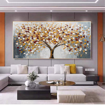 Whispers of Autumn hand-painted white and gold textured tree of life painting shown with wood frame