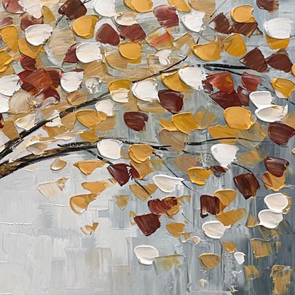 Whispers of Autumn hand-painted white and gold textured tree of life painting shown with black frame