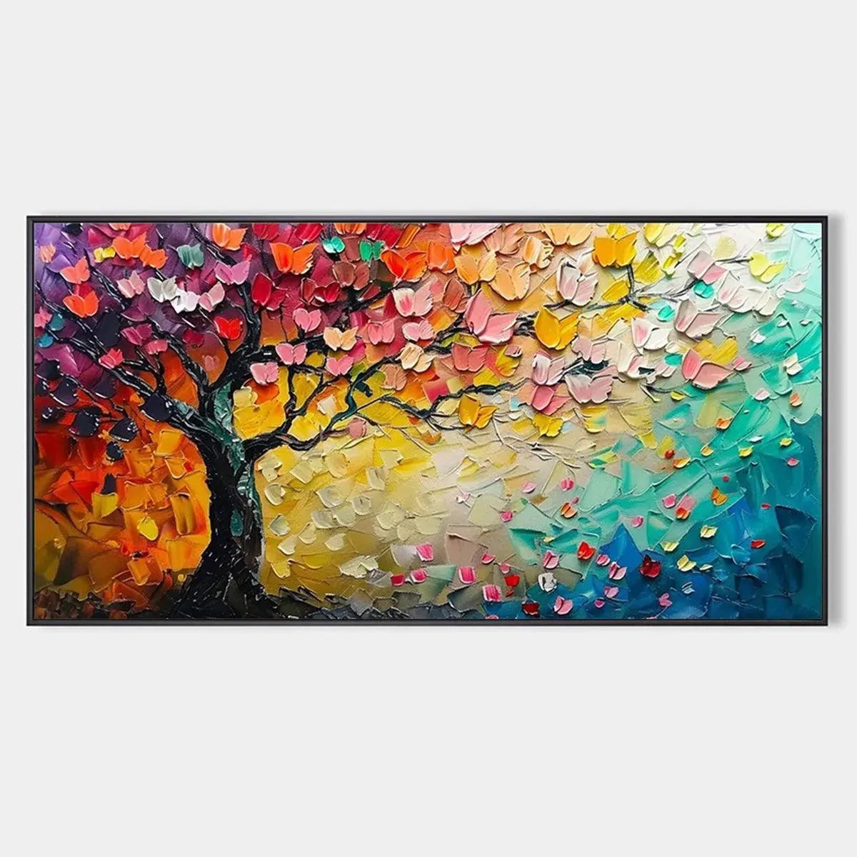 Whispers of Autumn hand-painted crimson, golden yellow, turquoise and violet textured tree painting rolled canvas option