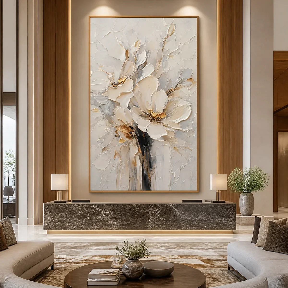 Gold and White Floral Painting – White Bloom
