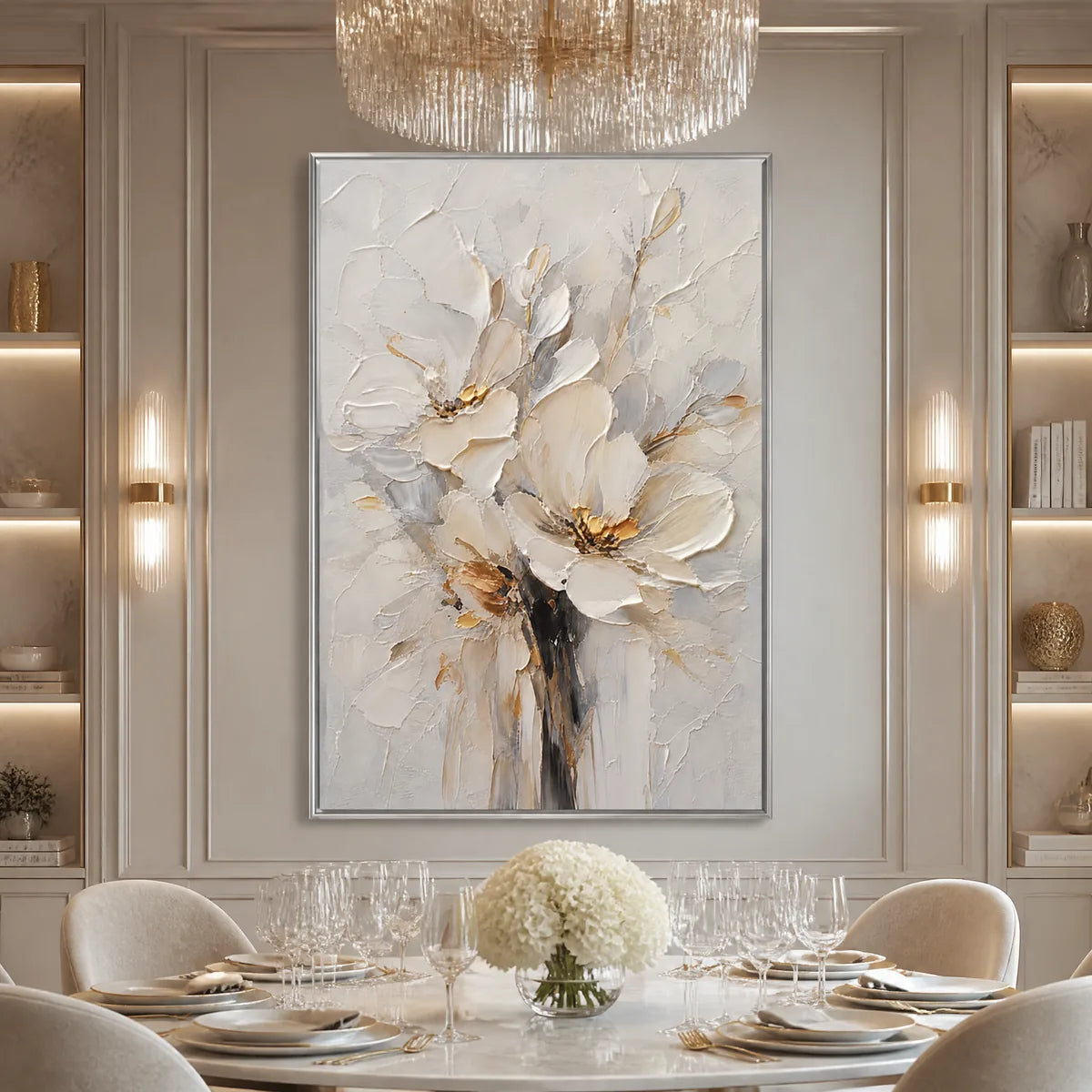 Gold and White Floral Painting – White Bloom