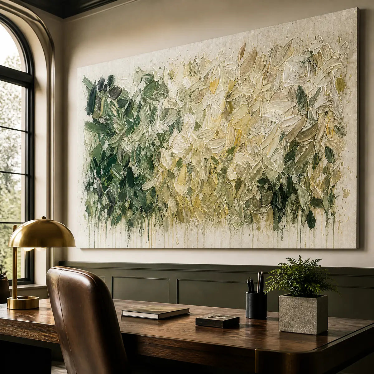 Green and White Abstract Floral Impasto Painting – White Herbarium