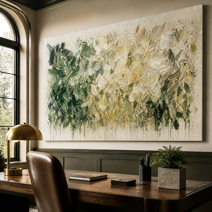 Green and White Abstract Floral Impasto Painting – White Herbarium