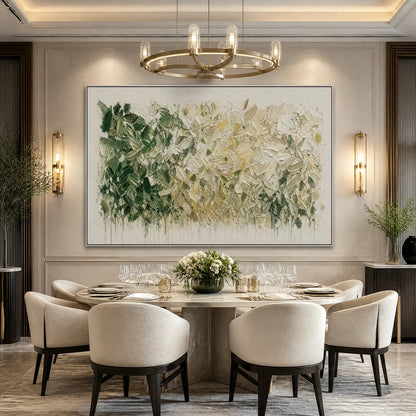 Green and White Abstract Floral Impasto Painting – White Herbarium