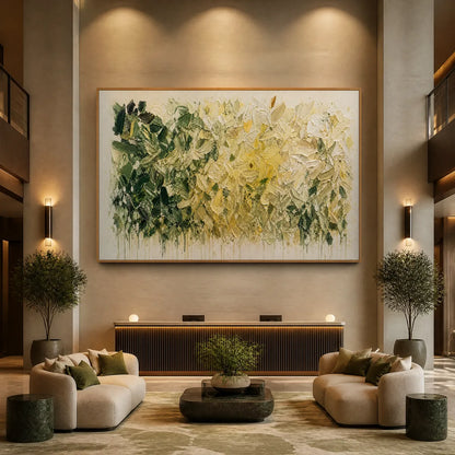 Green and White Abstract Floral Impasto Painting – White Herbarium