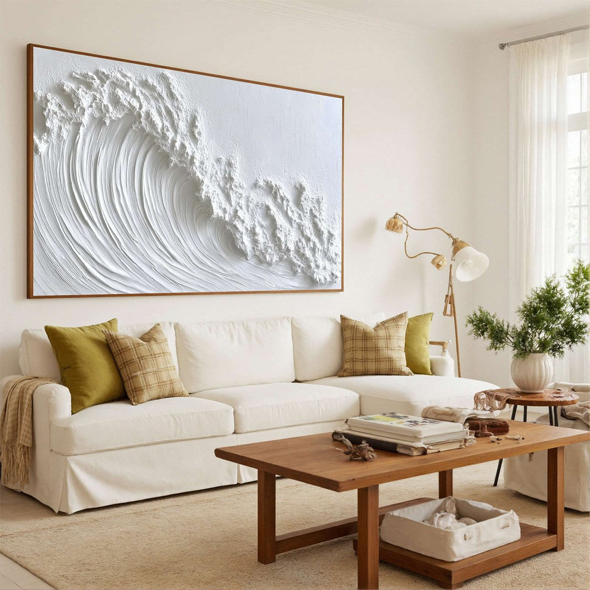 White Crest hand-painted white and soft beige textured ocean wave painting shown with white frame