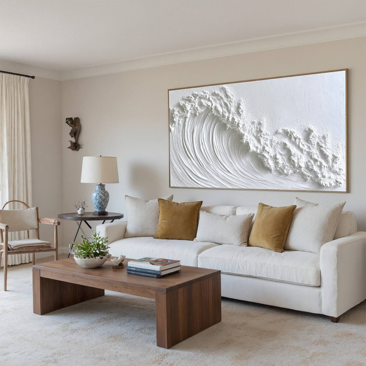 White Crest hand-painted white and soft beige textured ocean wave painting rolled canvas option