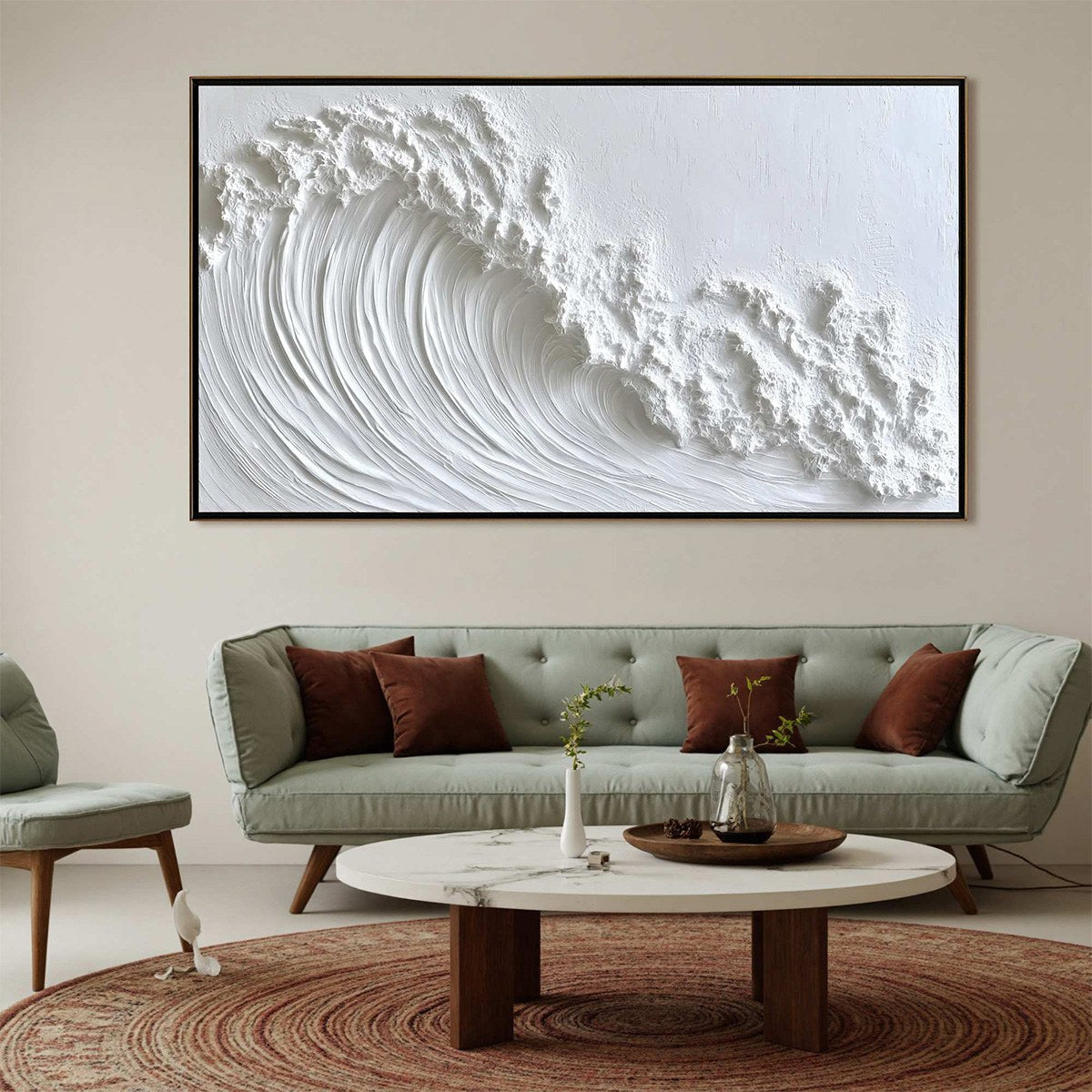 White Crest hand-painted white and soft beige textured ocean wave painting shown as stretched canvas