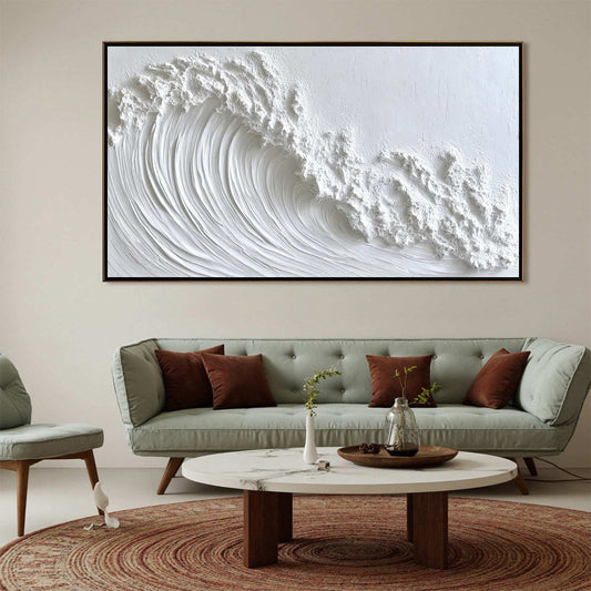 White Crest hand-painted white and soft beige textured ocean wave painting shown as stretched canvas