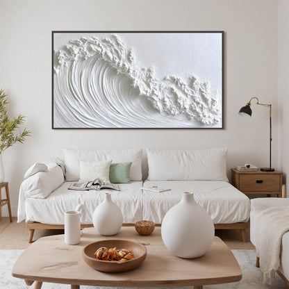 White Crest hand-painted white and soft beige textured ocean wave painting shown with black frame