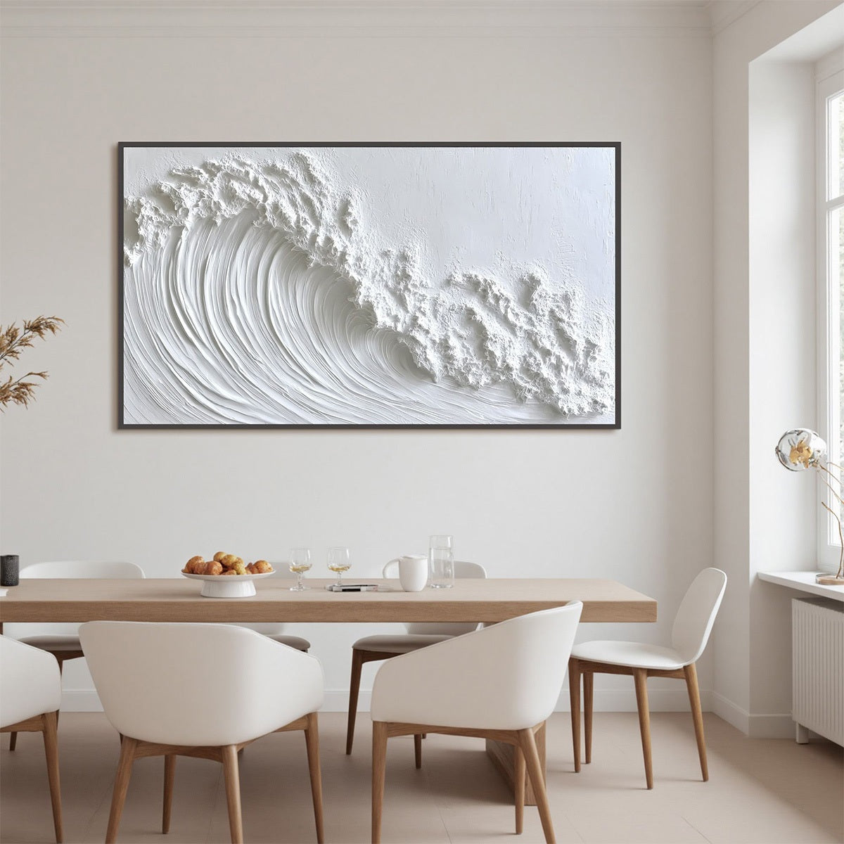 White Crest hand-painted white and soft beige textured ocean wave painting shown as stretched canvas