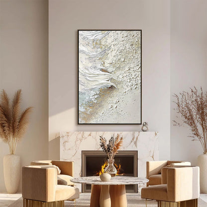 Whitewater Whisper hand-painted white, beige and gold textured coastal abstract painting shown as stretched canvas