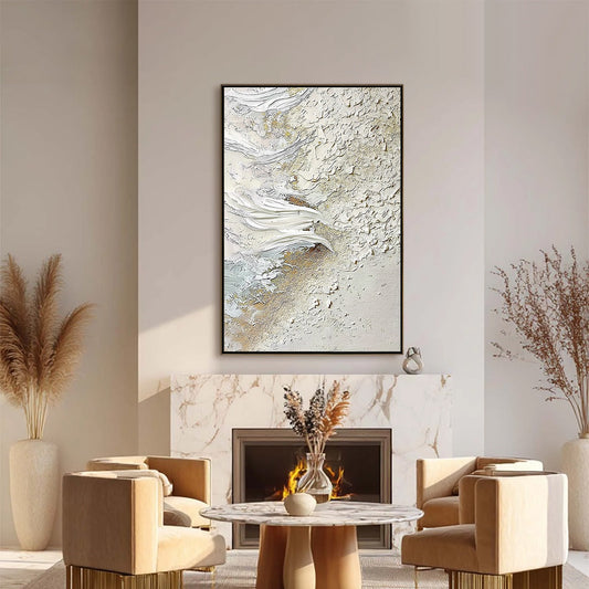Whitewater Whisper hand-painted white, beige and gold textured coastal abstract painting shown as stretched canvas