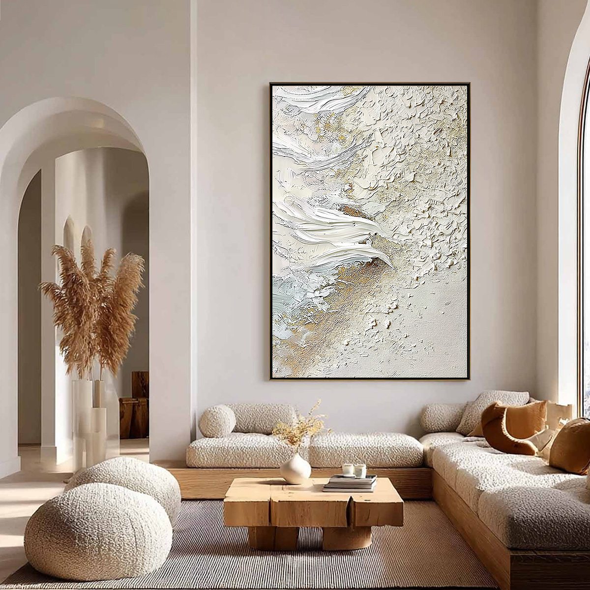Whitewater Whisper hand-painted white, beige and gold textured coastal abstract painting shown with silver frame