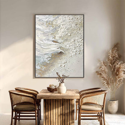 Whitewater Whisper hand-painted white, beige and gold textured coastal abstract painting shown with black frame