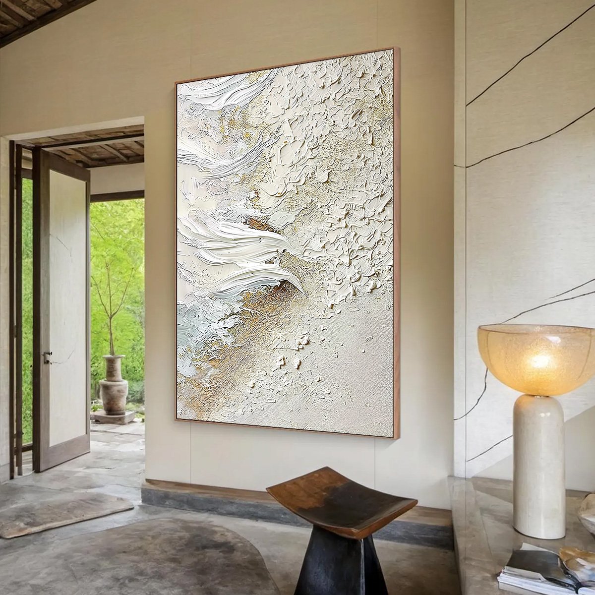 Whitewater Whisper hand-painted white, beige and gold textured coastal abstract painting shown with wood frame