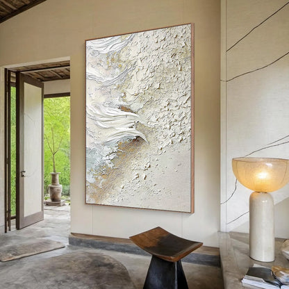 Whitewater Whisper hand-painted white, beige and gold textured coastal abstract painting shown with wood frame