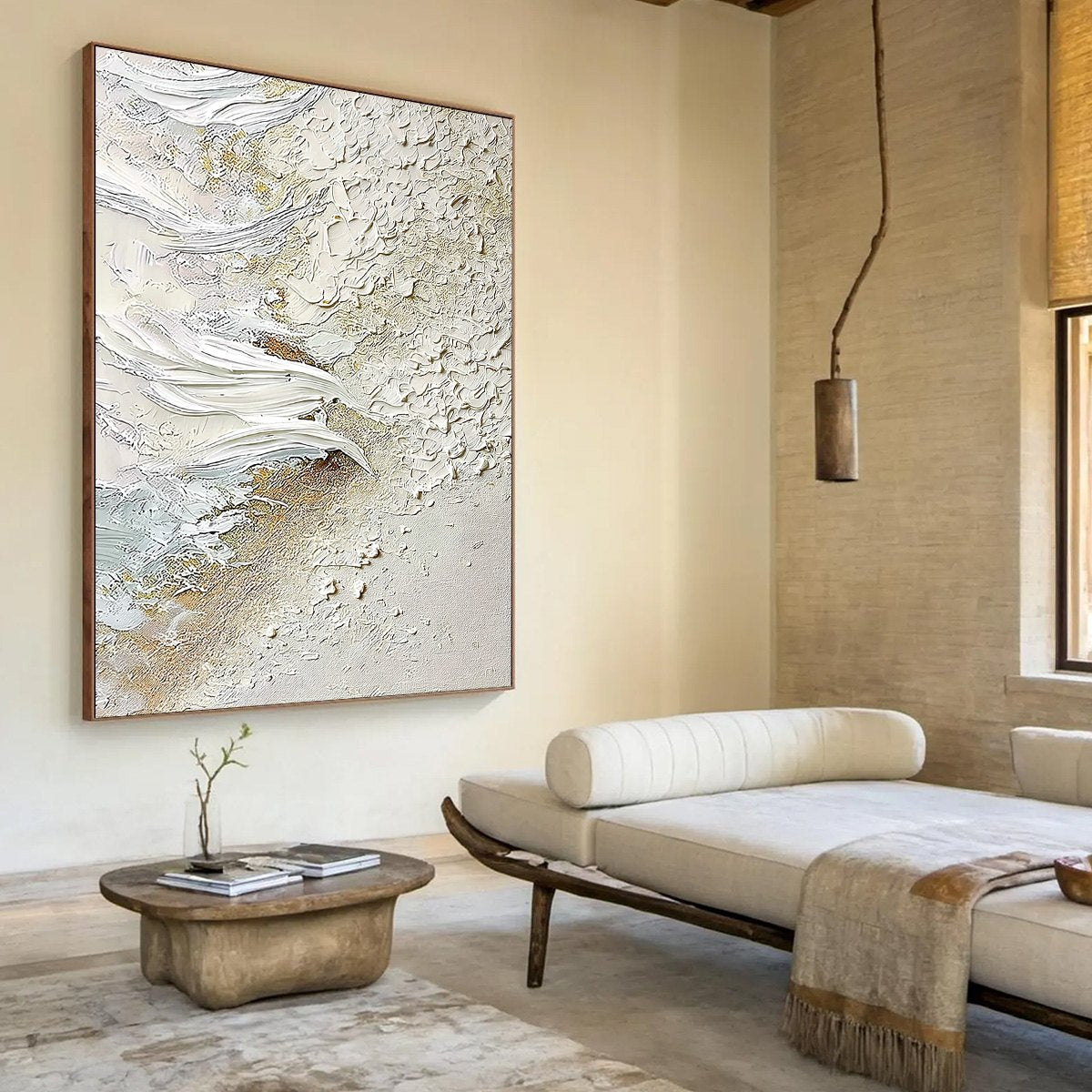 Whitewater Whisper hand-painted white, beige and gold textured coastal abstract painting rolled canvas option