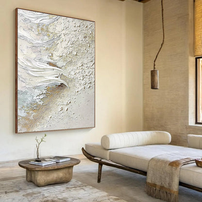 Whitewater Whisper hand-painted white, beige and gold textured coastal abstract painting rolled canvas option