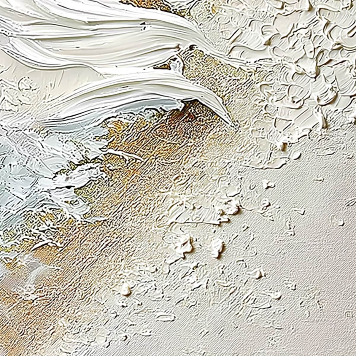 Whitewater Whisper hand-painted white, beige and gold textured coastal abstract painting shown with gold frame
