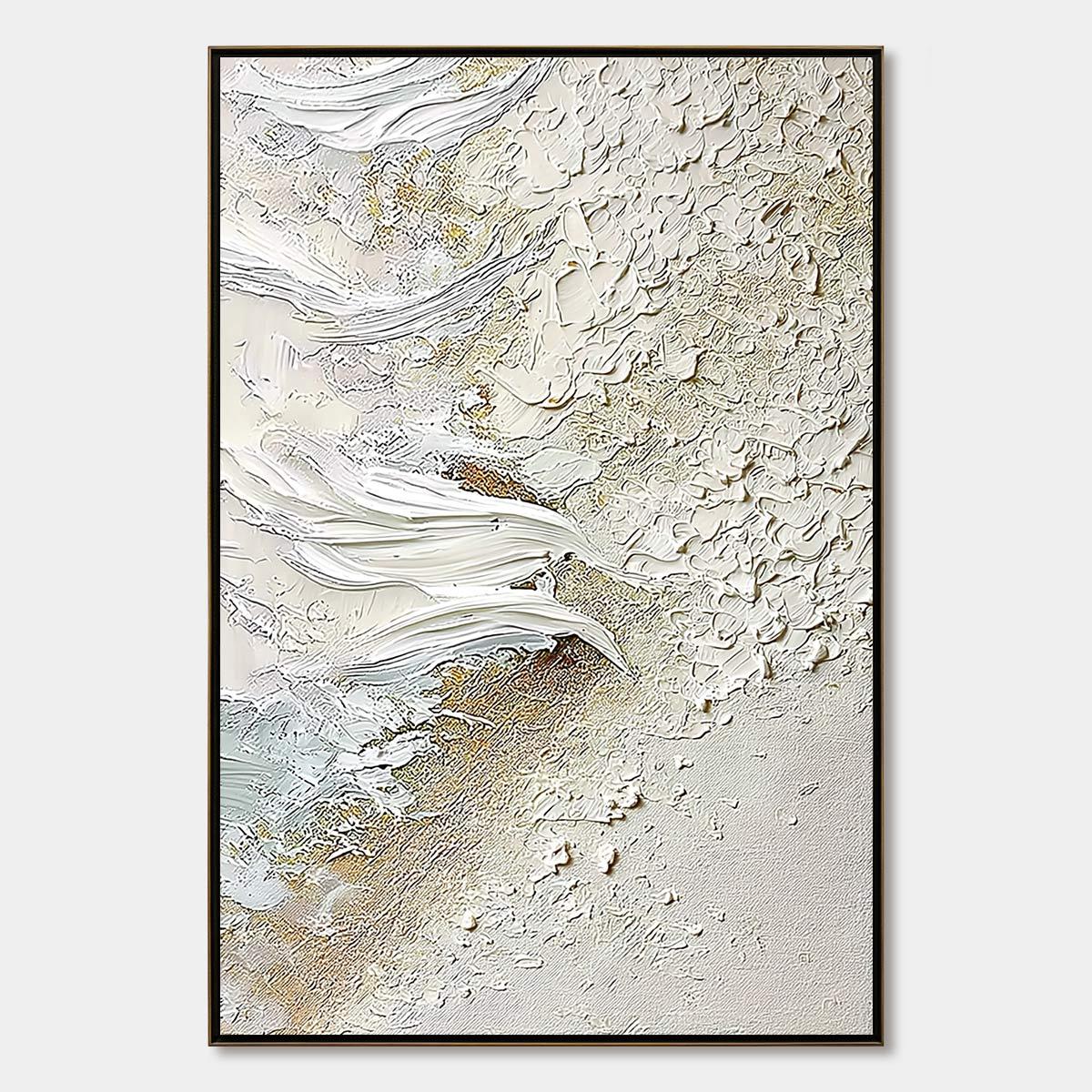 Whitewater Whisper hand-painted white, beige and gold textured coastal abstract painting rolled canvas option