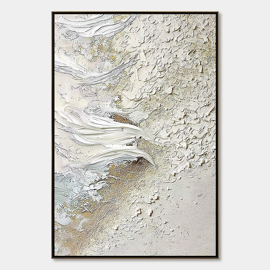 Whitewater Whisper hand-painted white, beige and gold textured coastal abstract painting rolled canvas option
