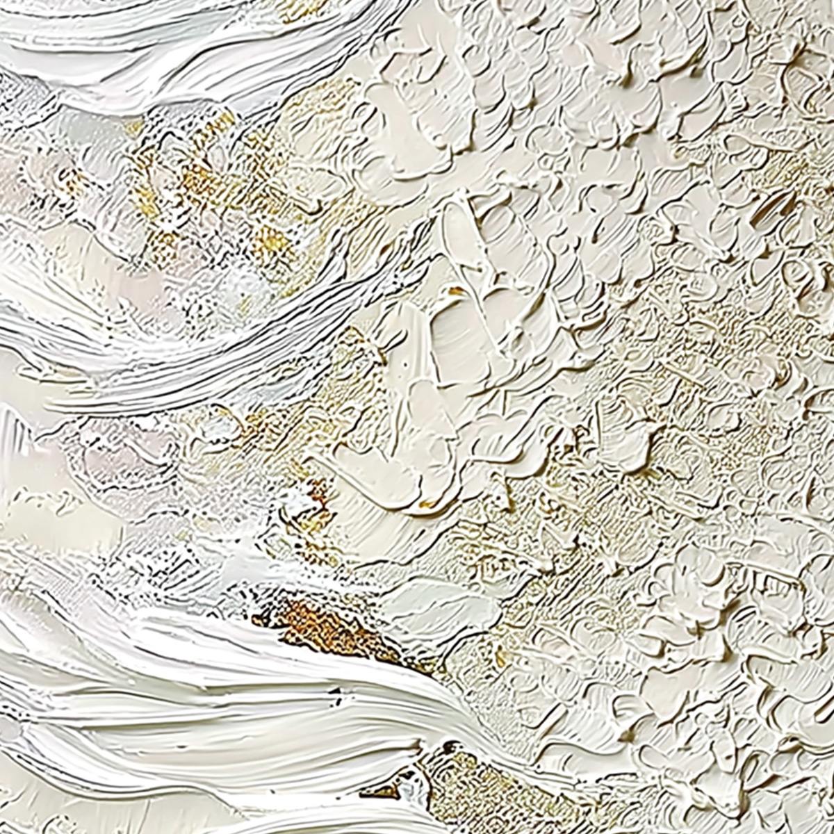 Whitewater Whisper hand-painted white, beige and gold textured coastal abstract painting shown with white frame