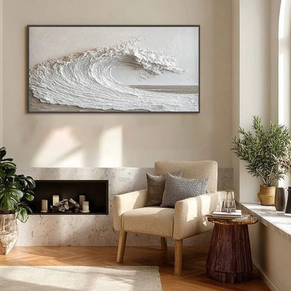 White Crest hand-painted white and soft beige textured ocean wave painting shown with black frame