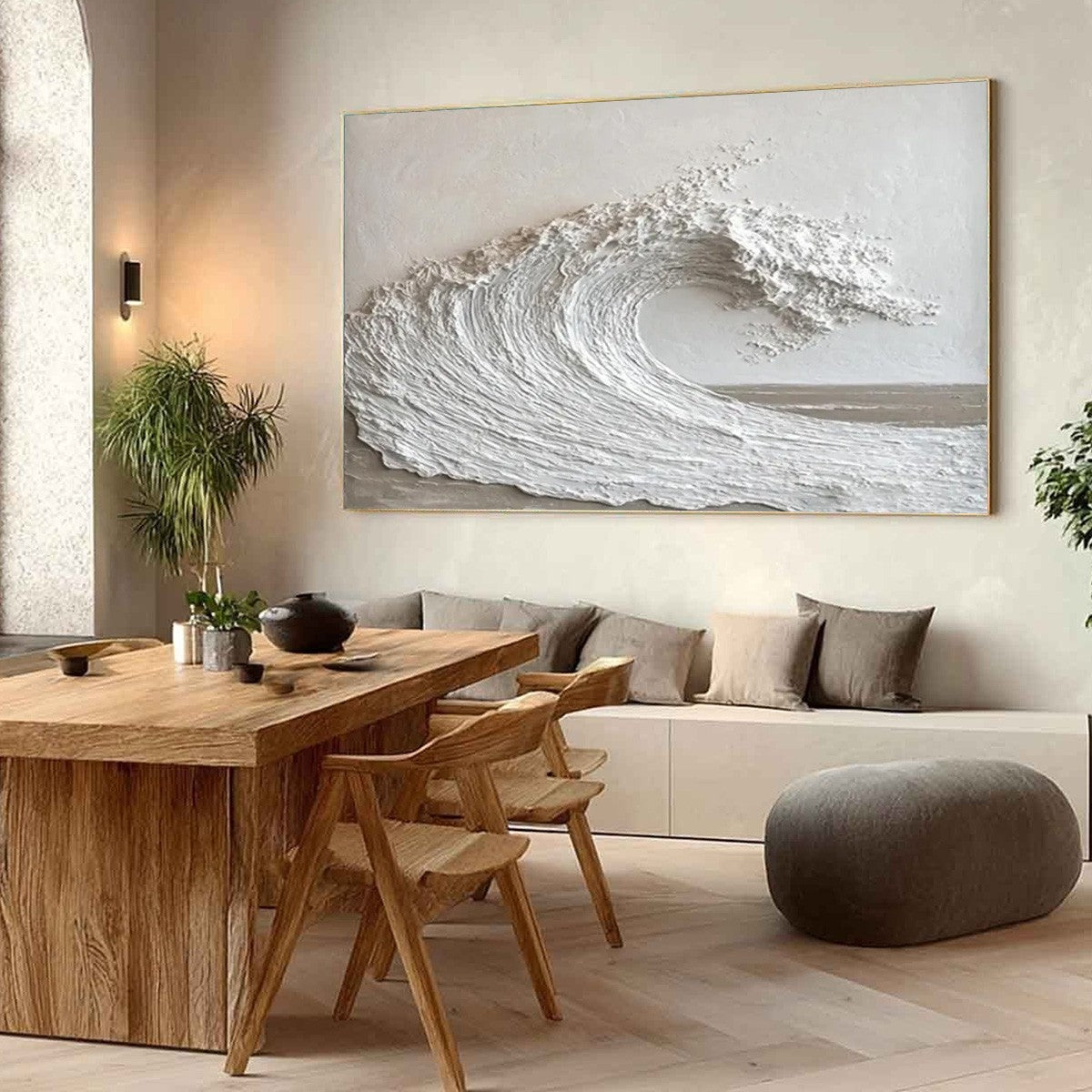 White Crest hand-painted white and soft beige textured ocean wave painting shown with gold frame