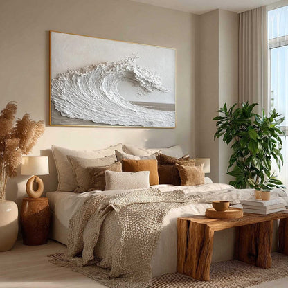 White Crest hand-painted white and soft beige textured ocean wave painting shown with silver frame