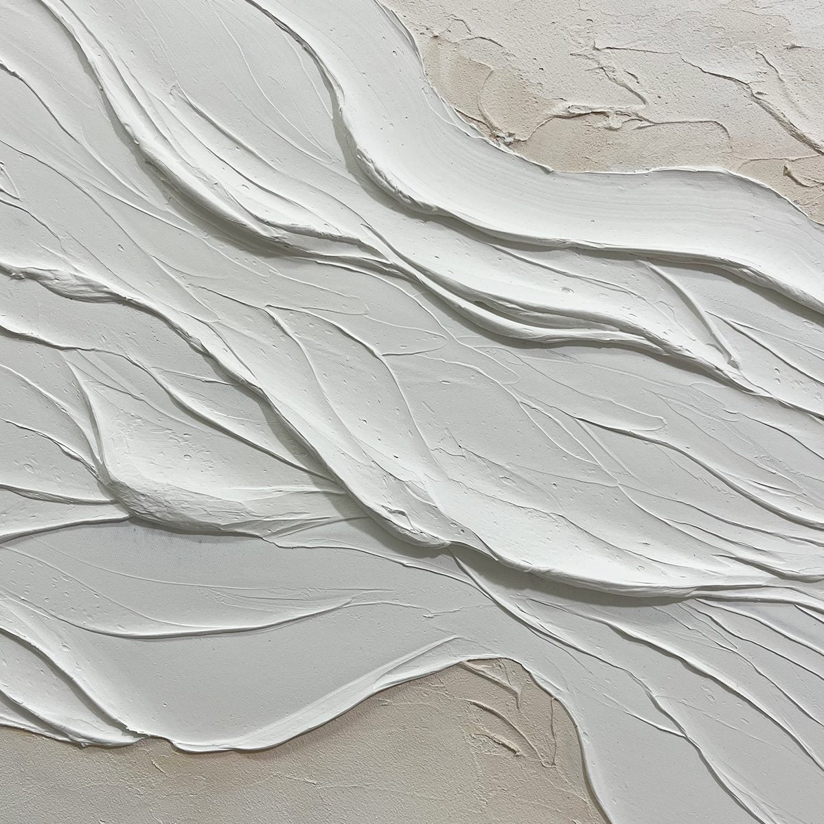 White Sands hand-painted white and beige textured coastal abstract painting shown with gold frame