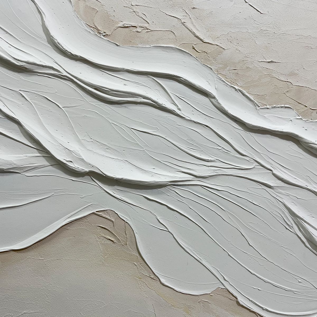 White Sands hand-painted white and beige textured coastal abstract painting shown with black frame