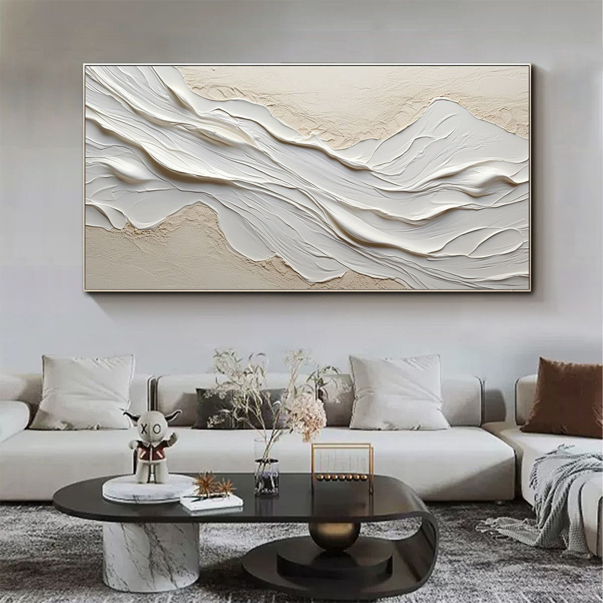 White Sands hand-painted white and beige textured coastal abstract painting shown with white frame