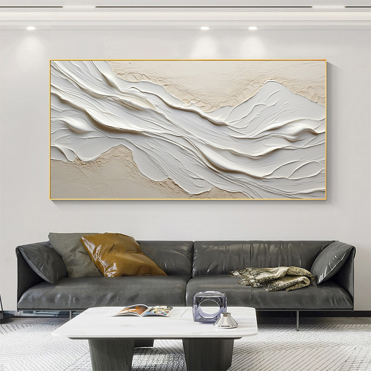 White Sands hand-painted white and beige textured coastal abstract painting shown as stretched canvas