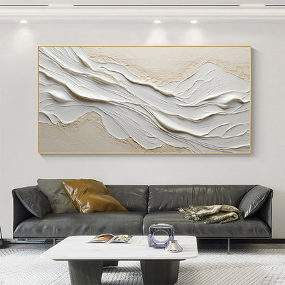 White Sands hand-painted white and beige textured coastal abstract painting shown as stretched canvas