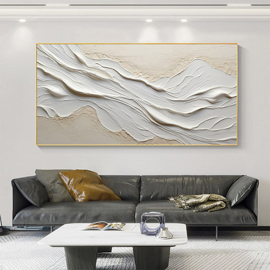 White Sands hand-painted white and beige textured coastal abstract painting shown as stretched canvas