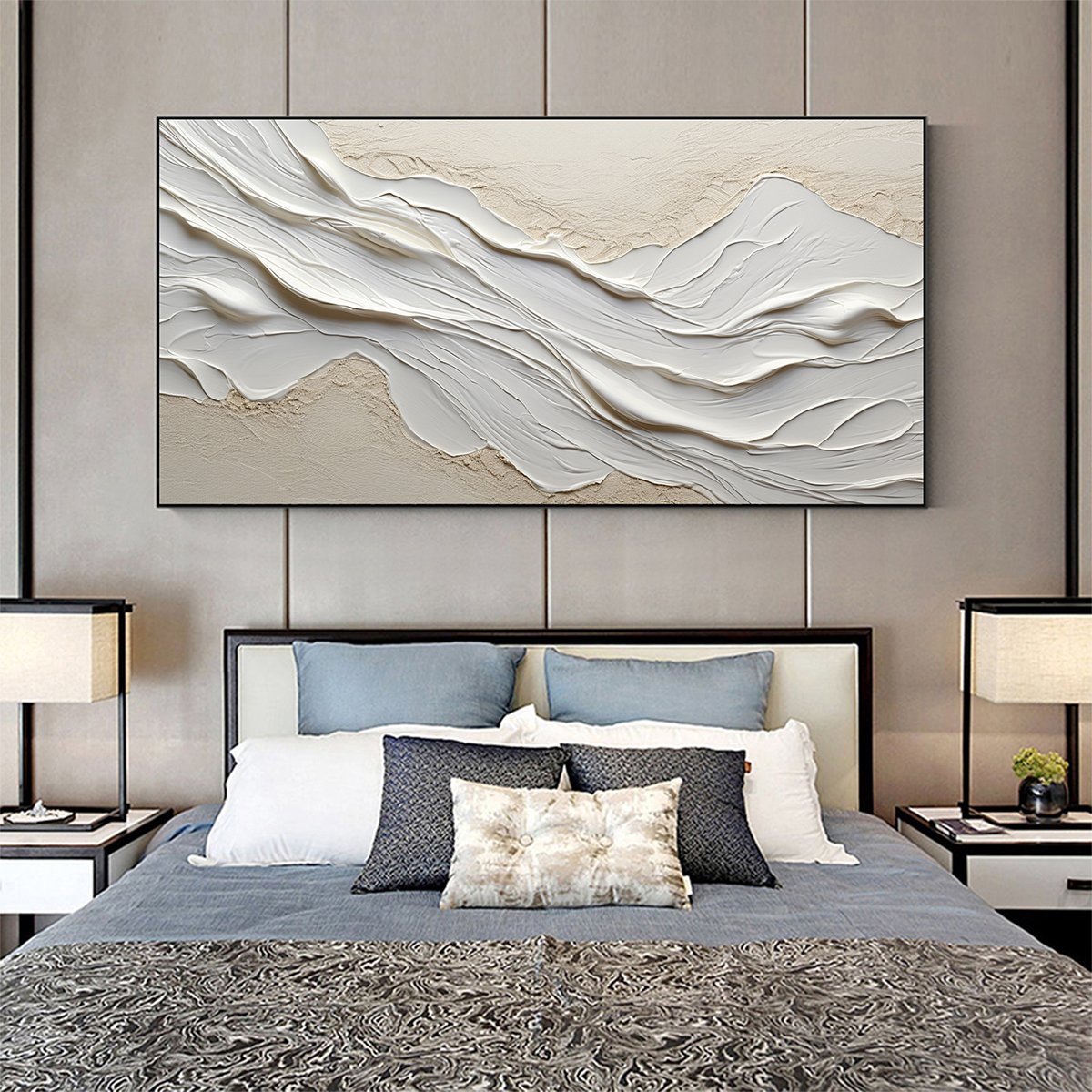 White Sands hand-painted white and beige textured coastal abstract painting shown with wood frame