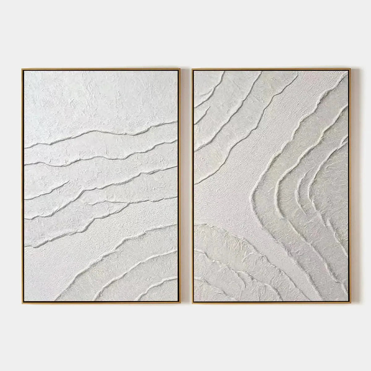 White Textured Lines Diptych – Wabi-Sabi Abstract Oil Painting, view 1