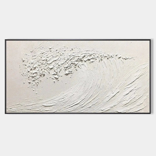 White Wave hand-painted white and soft beige textured ocean wave painting rolled canvas option